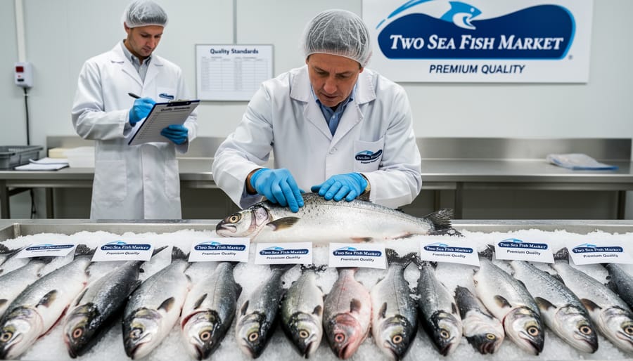Fishmonger in white gloves carefully inspecting fresh whole fish on ice display