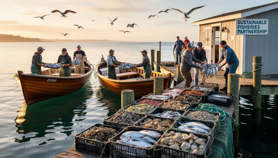 Small fishing boat returning to harbor at sunrise with seagulls overhead