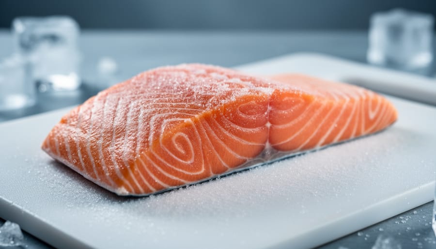 Frozen salmon fillet with visible frost and condensation, sealed in a freezer bag under soft light.
