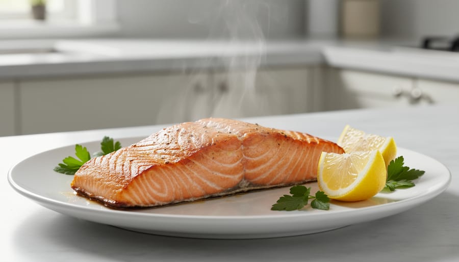 Cook’s hands transferring a flaky glazed salmon fillet from an oven tray to a serving plate.