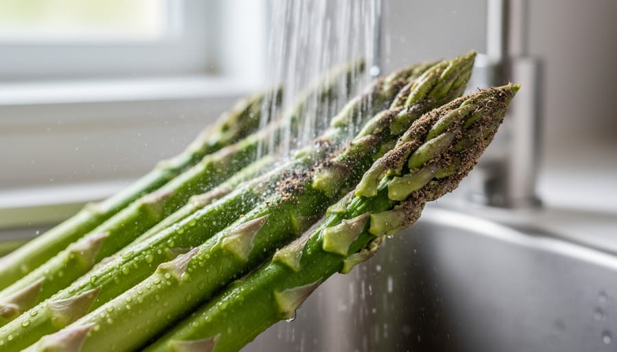 Asparagus spears rinsed under a kitchen faucet with water droplets on the tips.