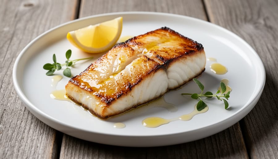 Broiled halibut fillet with golden caramelized top under high heat