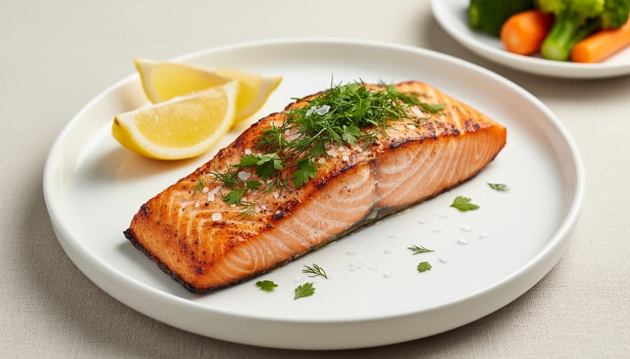 Close-up of grilled BBQ salmon plated on a wooden table with lemon and dill garnish
