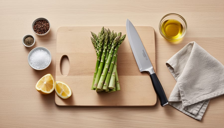 Fresh asparagus spears on a cutting board with a knife, colander, olive oil, and sea salt nearby.
