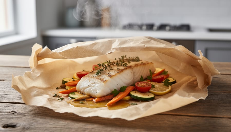 Halibut en papillote packet opened to reveal steamed fish and vegetables