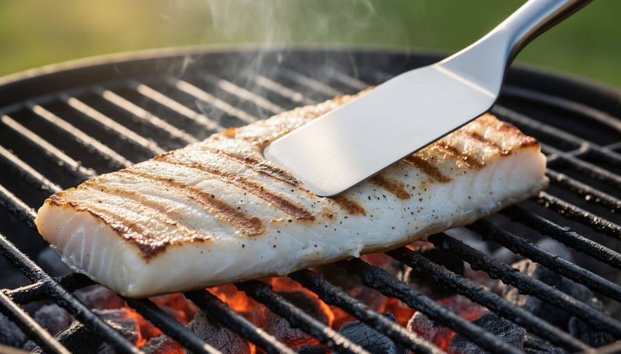 Halibut fillet on a grill with glowing coals and visible sear marks