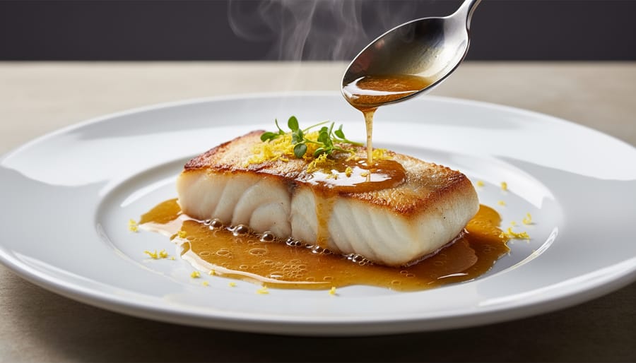 Halibut plated with a glossy lemon-butter pan sauce being spooned over the fish