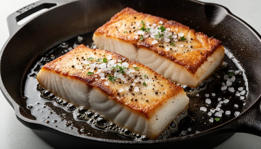 Halibut steaks pan-searing in a cast-iron skillet with a golden crust
