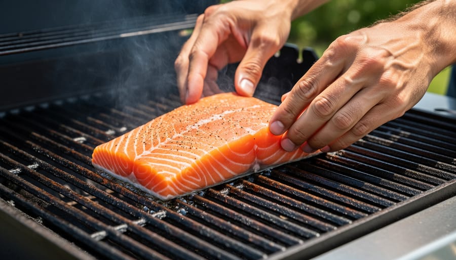 Person placing a skin-on salmon fillet onto preheated BBQ grill grates with tongs