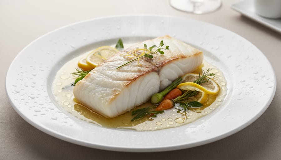 Poached halibut in a dish with gentle steam and aromatic herbs