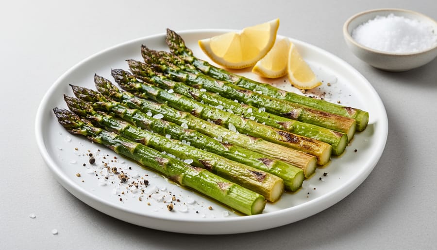 Roasted asparagus spears on a plate with black pepper and olive oil sheen.