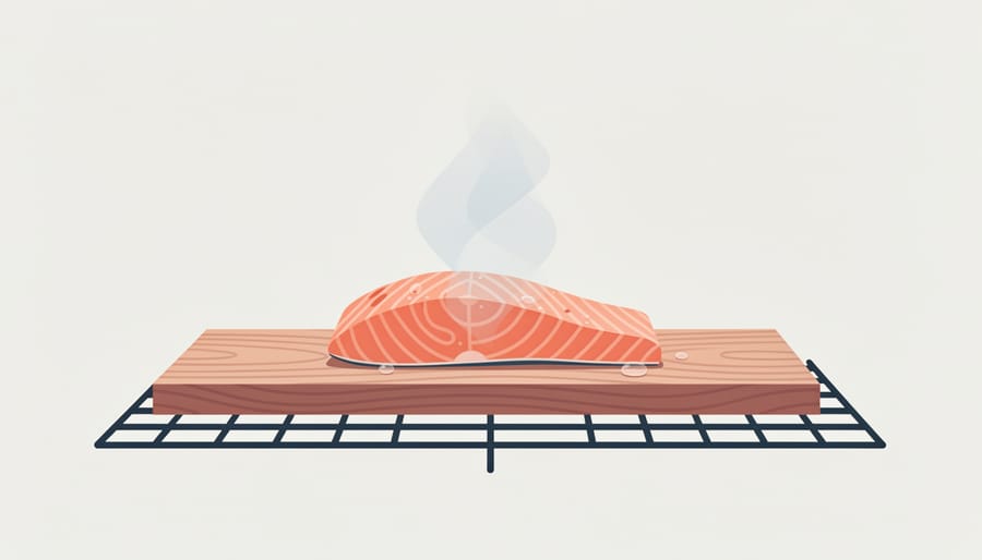 Salmon grilling on a cedar plank over BBQ grates with visible wood grain and light smoke