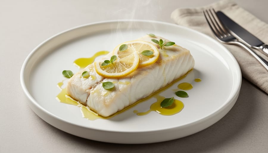 Slow-roasted halibut in a baking dish with glossy tender flakes