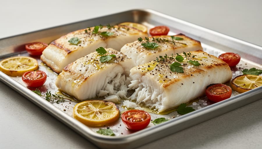 Thick halibut portions roasted on a sheet pan with caramelized edges