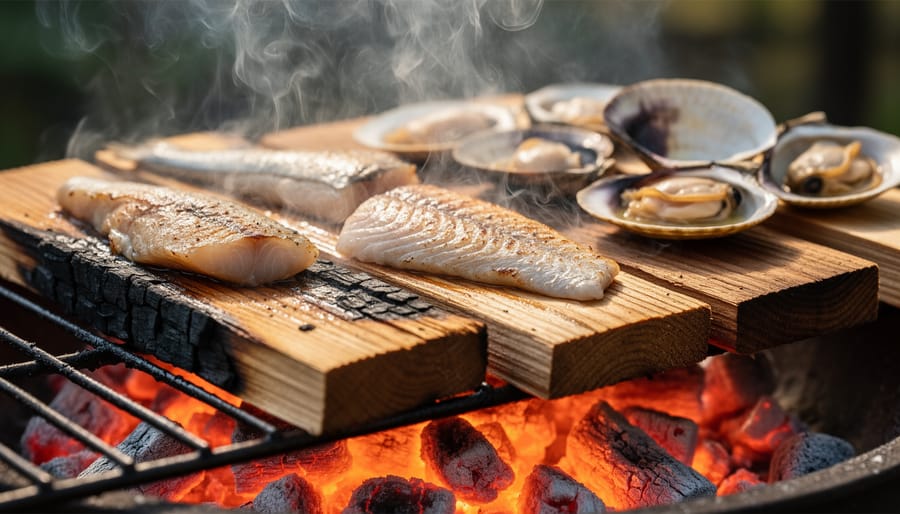 Cedar plank and whole sea fish at an outdoor grill with glowing embers in the foreground