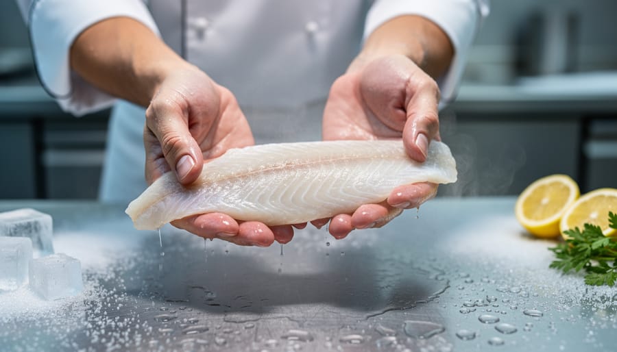 Chef preparing sashimi-grade sea fish on a marble counter with knives and citrus in the background