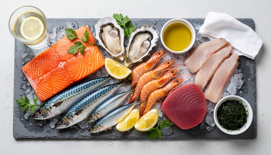 Fresh salmon, sardines, and mackerel arranged in a bowl on a clean countertop