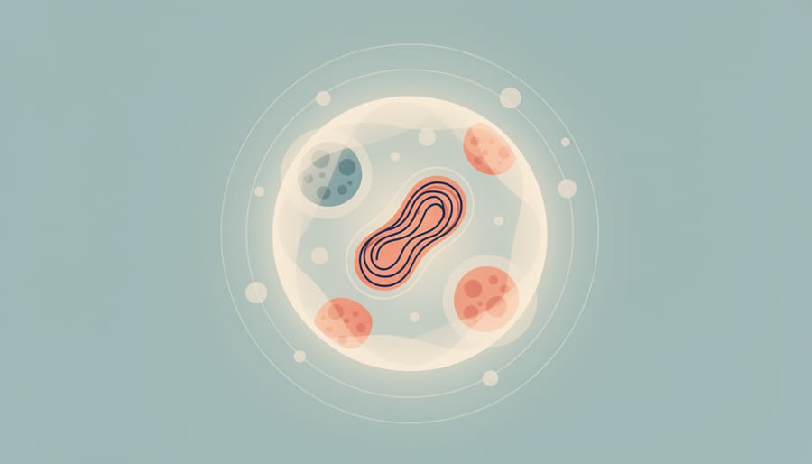 Cinematic conceptual image suggesting mitochondrial energy through luminous swirls in a dark textured background