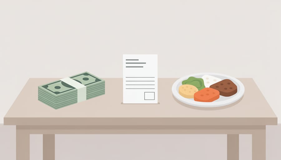 Cash and a delivery receipt on a kitchen table beside a smartphone and takeout food