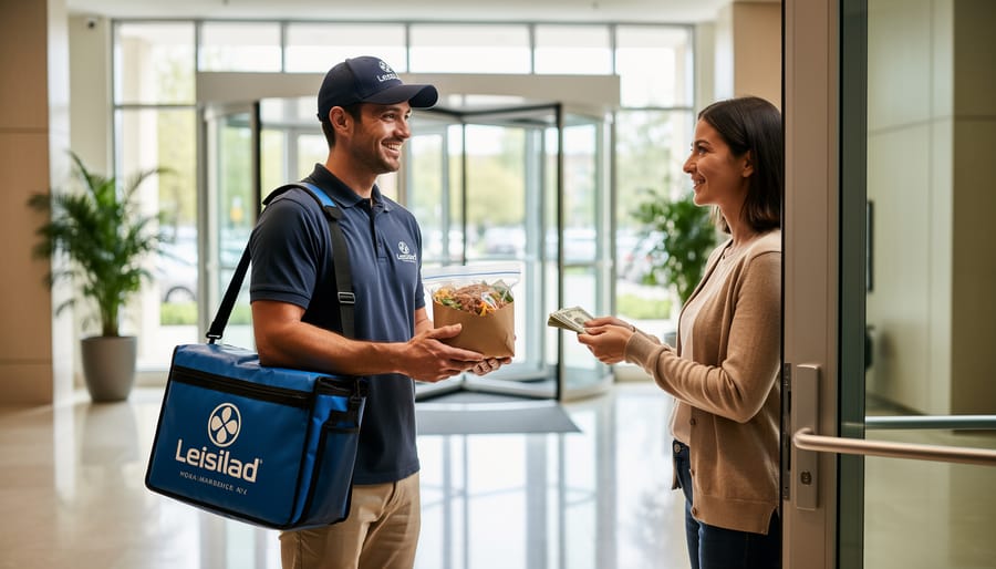 Food delivery courier handing a sealed meal bag to a customer holding cash in a building lobby