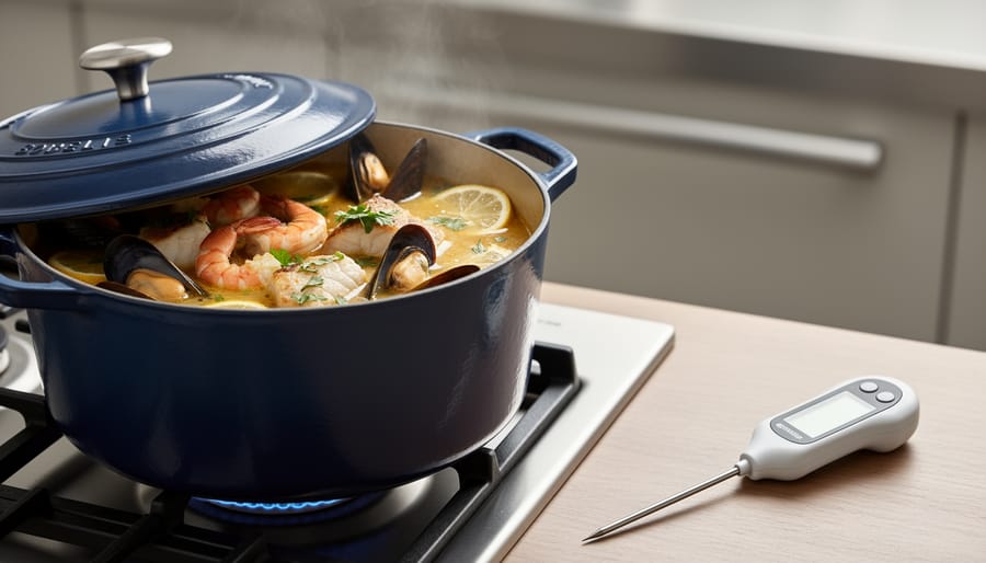 Enameled Dutch oven with simmering seafood and a thermometer on a kitchen counter