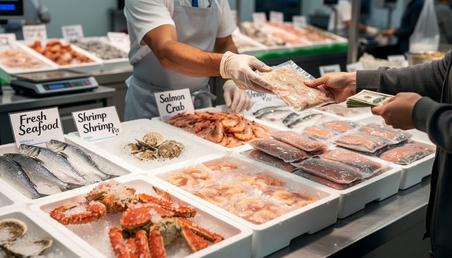 Fresh seafood laid out in a cooler with cash being handed to a vendor at a seafood counter