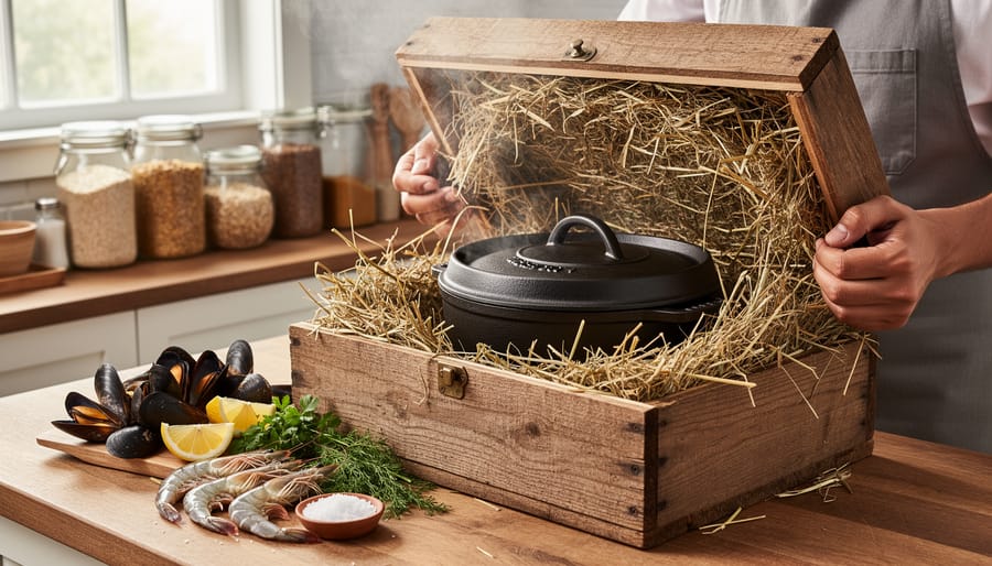 Lidded pot insulated with hay inside a hay-box for retained-heat cooking