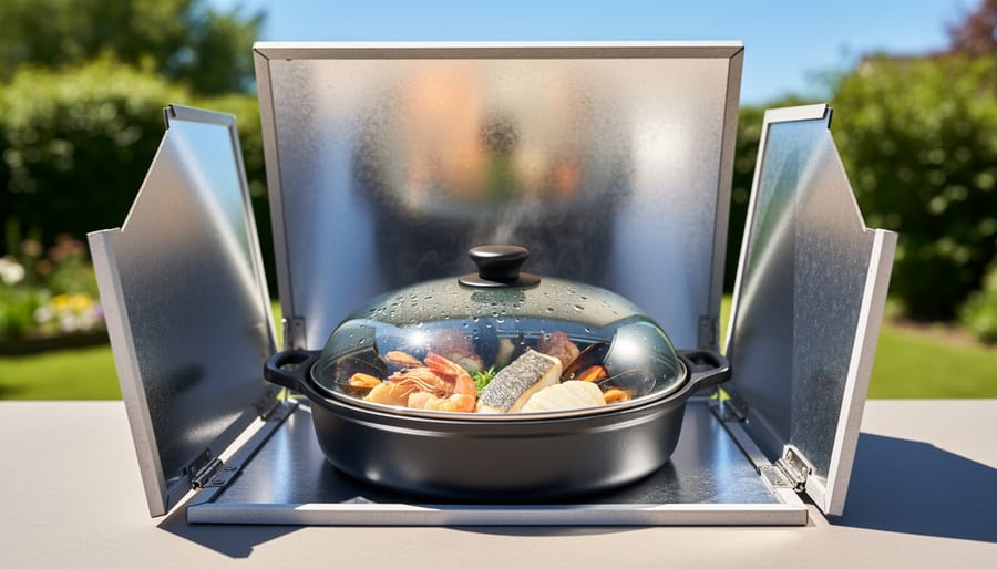 Solar box oven outdoors with dark casserole dish and sunlight reflecting off the panels