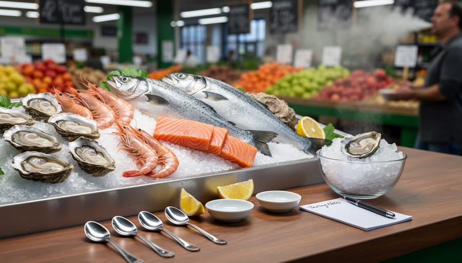 Seafood market counter with fish and shellfish in front while a person holds water and a tasting spoon