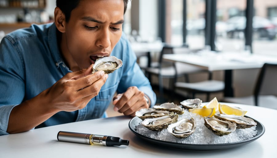Seafood lover tasting fresh oysters with a vape device out of focus on the table nearby